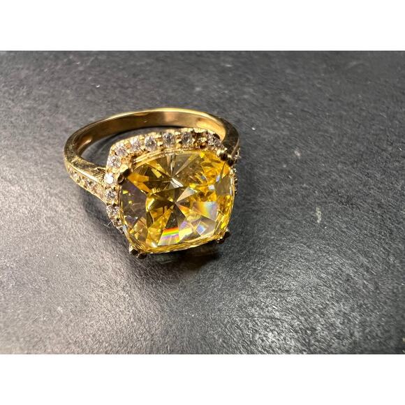 Yellow CZ halo ring in gold over sterling silver size 9 - Picture 12 of 16